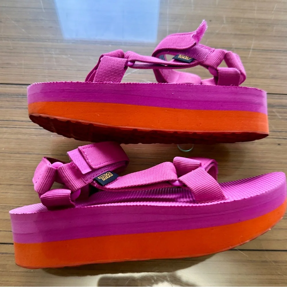 TEVA Fuchsia Hot Pink 🌺 Sunset Orange 🍊 platform sport slide sandals Barbiecore - Picture 4 of 7
